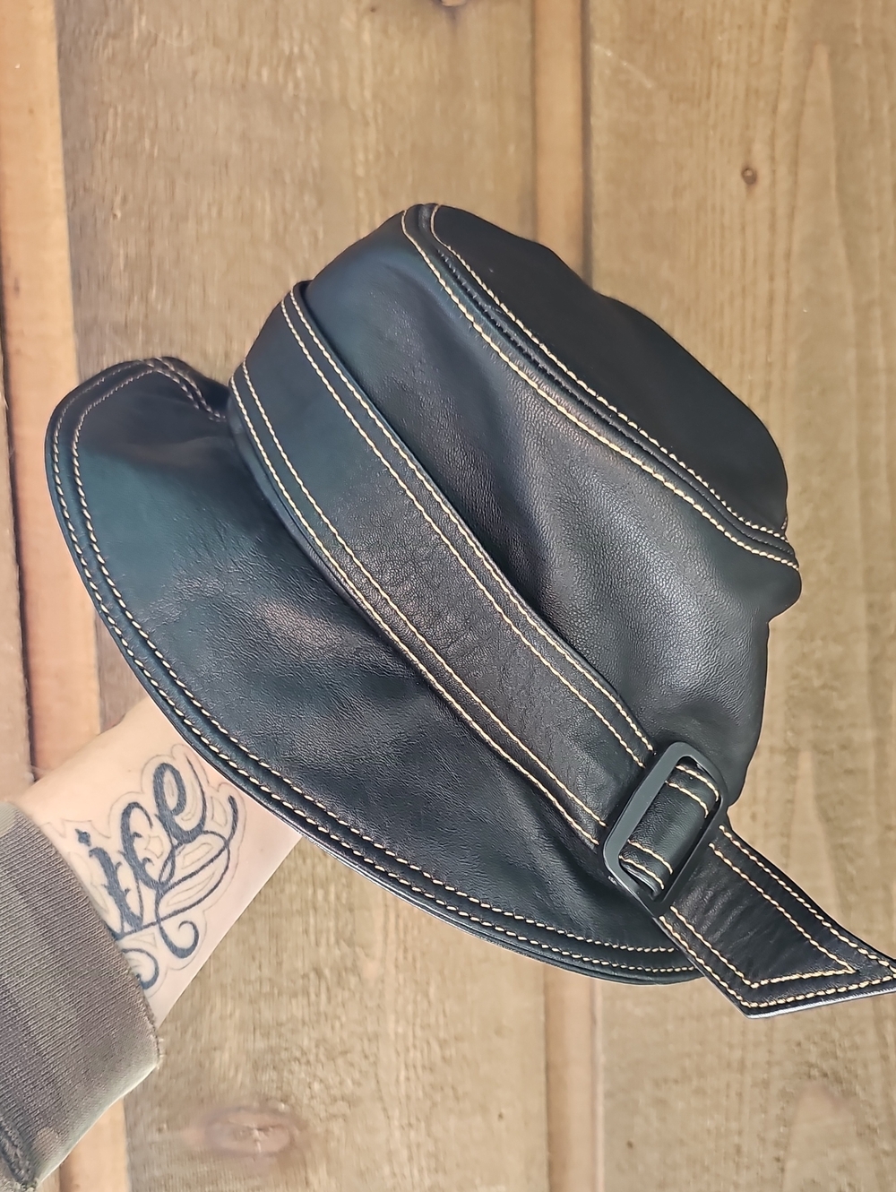 Leather Bucket Hat with Contrast Stitching